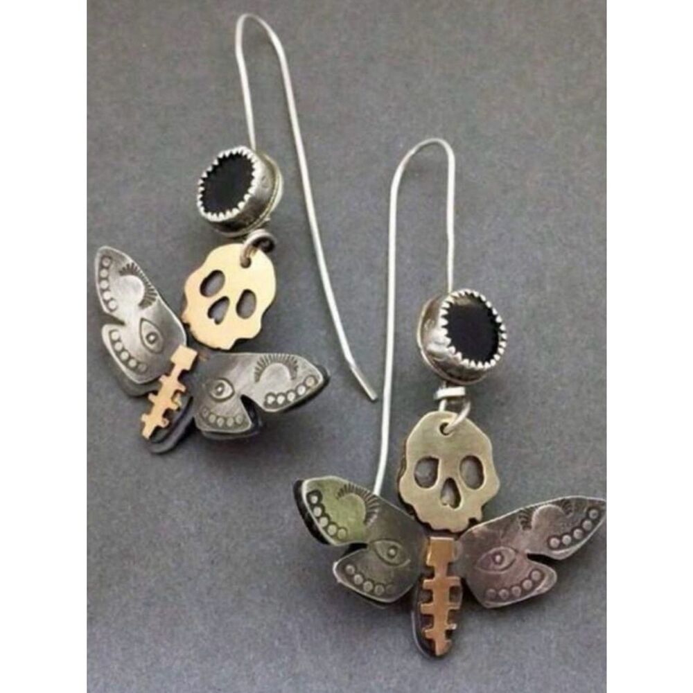 Skull & Moth Dangle Earrings A1886